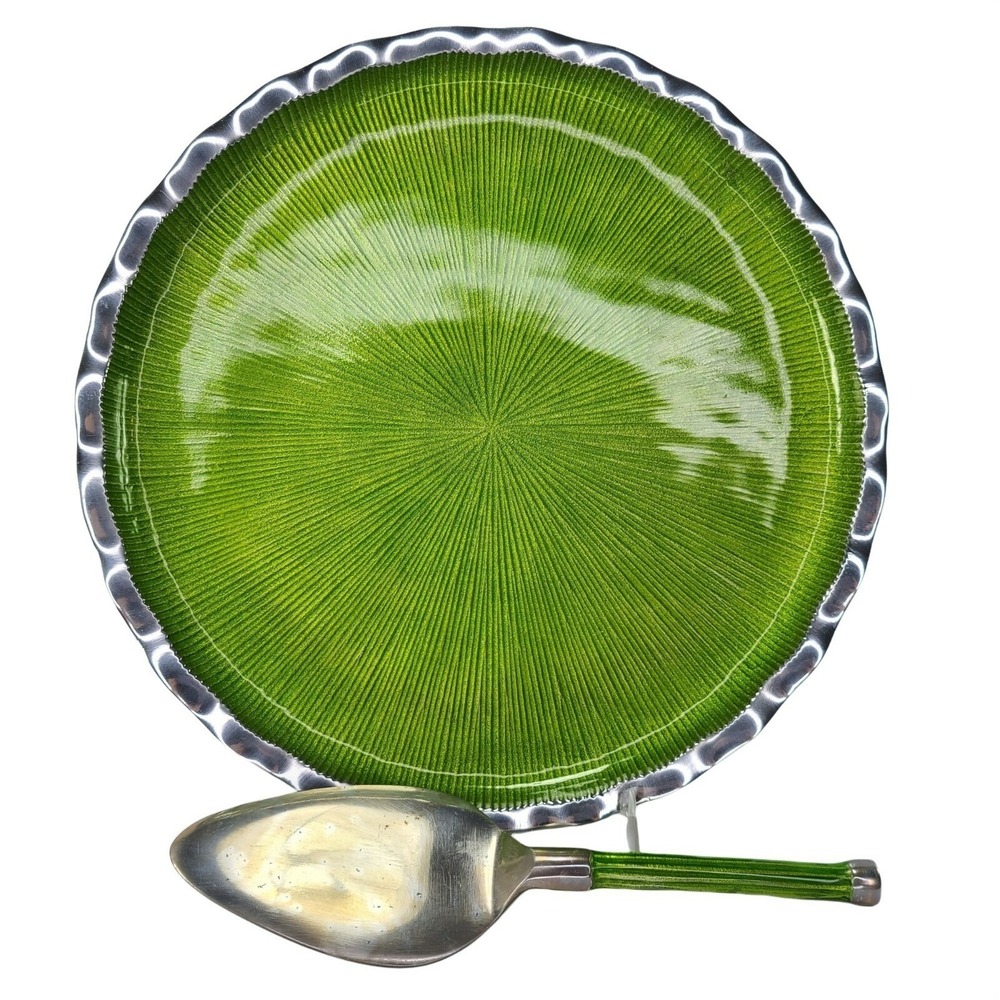 Metal Fluted Cake Dessert Server Green Rnd Platter‎ Plate 2 Pc Set SimplyDesignz